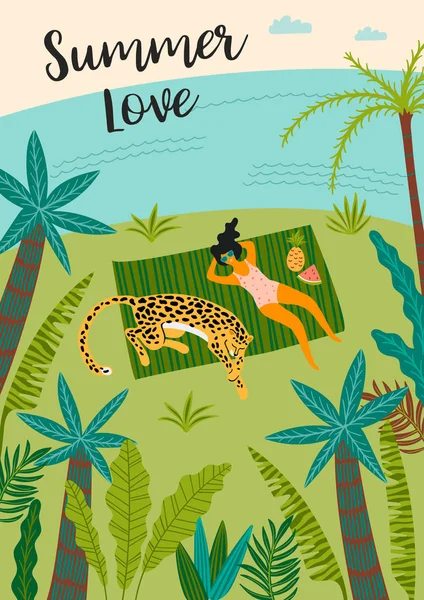 Illustration vectorielle de femme avec léopard. Élément de conception — Image vectorielle