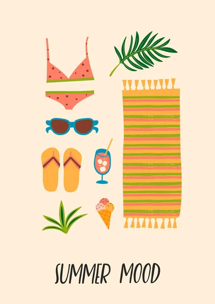 Illustrazione vettoriale degli accessori da spiaggia estivi. Elemento di design — Vettoriale Stock