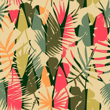 Tropikal yapraklı, soyut, pürüzsüz desen. Vektör şablonu.
