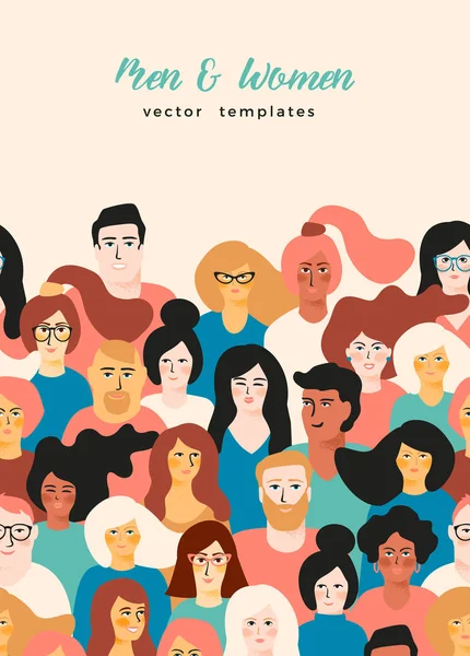 Vector template with young men and women with different skin color. — Stock Vector