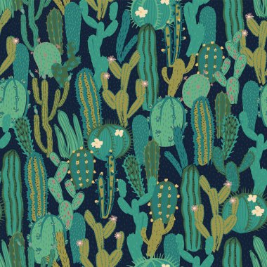 Vektör kaktüs ile seamless modeli. Yinelenen doku ile yeşil kaktüs.