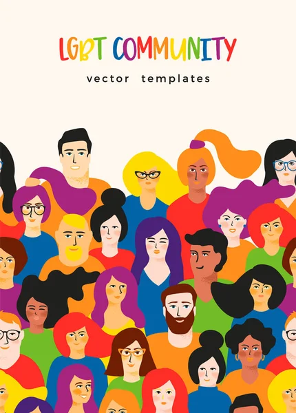 Plantilla vectorial con hombres y mujeres jóvenes en colores LGBT . — Vector de stock