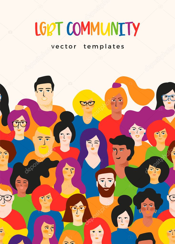 Vector template with young men and women in LGBT colors.