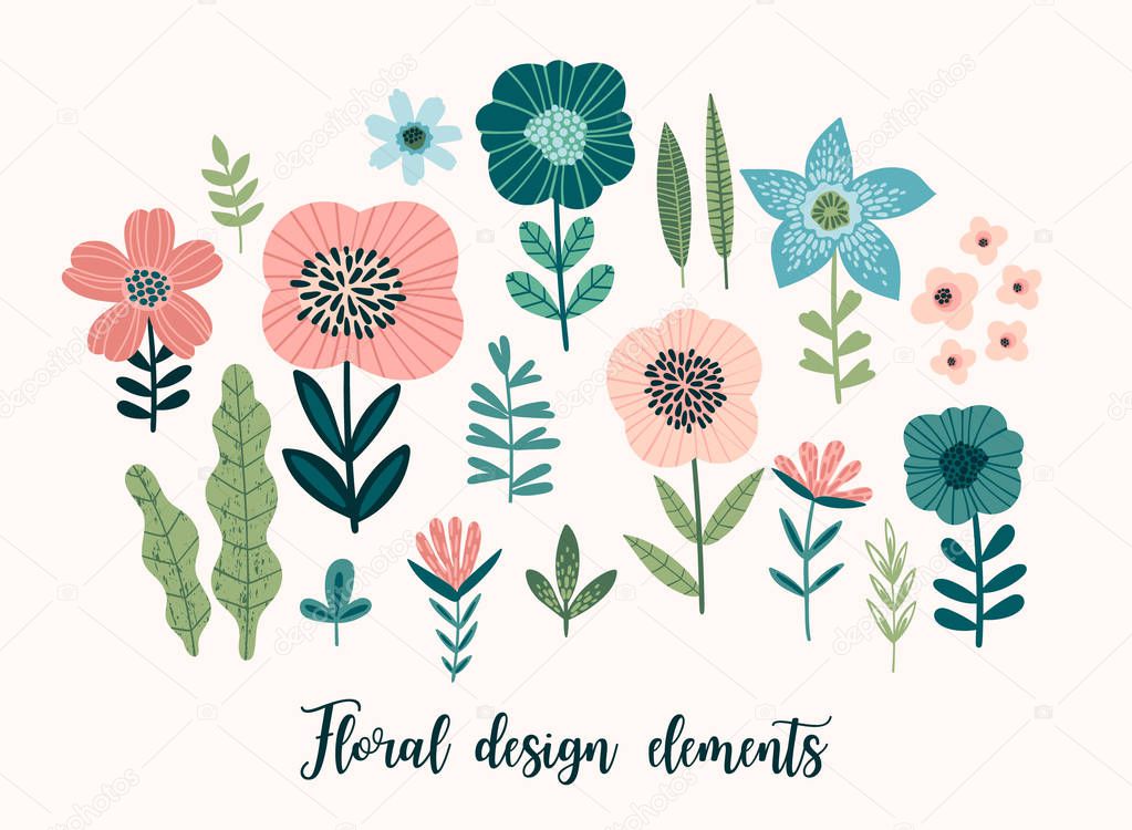 Vector floral design elements. Leaves, flowers, grass, branches, berries.