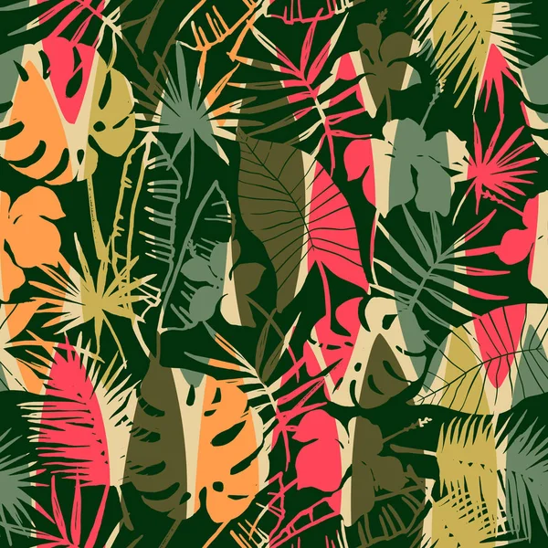 Abstract seamless pattern with tropical leaves. Hand draw texture. — Stock Vector