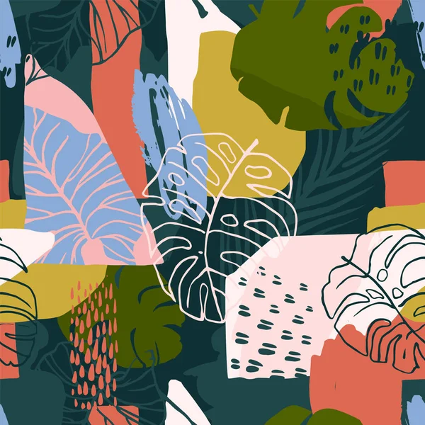 Αφηρημένη δημιουργική απρόσκοπτη μοτίβο με τροπικά φυτά και καλλιτεχνικό υπόβαθρο. — Διανυσματικό Αρχείο