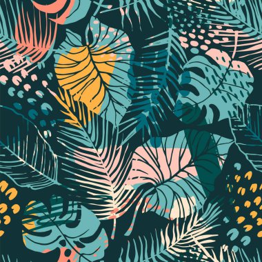 Tropikal bitkiler ve sanatsal arkaplan ile soyut, kusursuz desen.