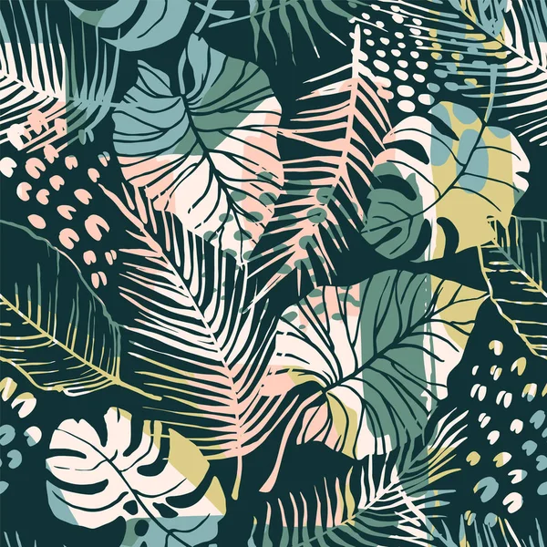 Patrón sin costura creativo abstracto con plantas tropicales y fondo artístico. — Vector de stock