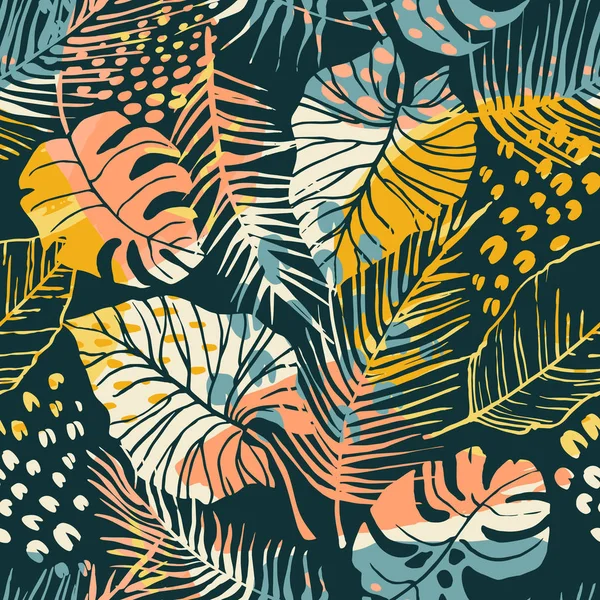 Abstract creatief naadloos patroon met tropische planten en artistieke achtergrond. — Stockvector