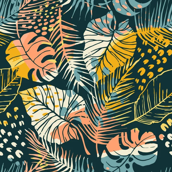 Abstract creative seamless pattern with tropical plants and artistic background. — Stock Vector