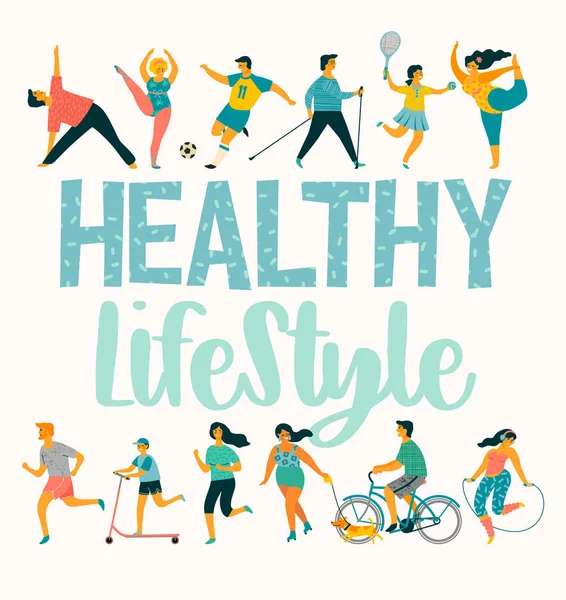 Tempale vettoriale con persone che conducono uno stile di vita sano e attivo . — Vettoriale Stock