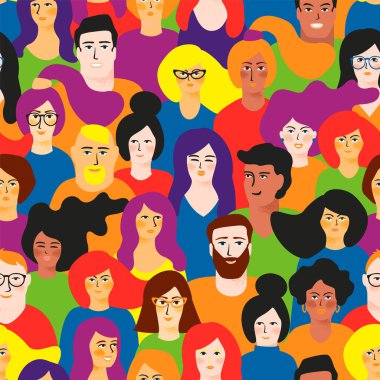 Lgbt renklerde genç erkek ve kadınlarla vektör dikişsiz desen.