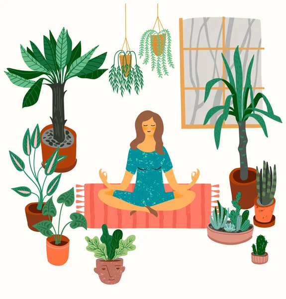 Ilustración vectorial de la mujer meditante en casa . — Vector de stock