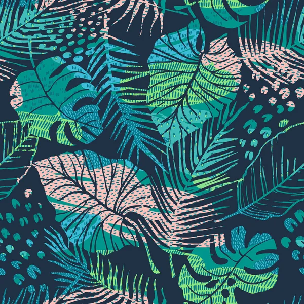 Abstrakt kreativ sömlös mönster med tropiska växter och konstnärlig bakgrund. — Stock vektor