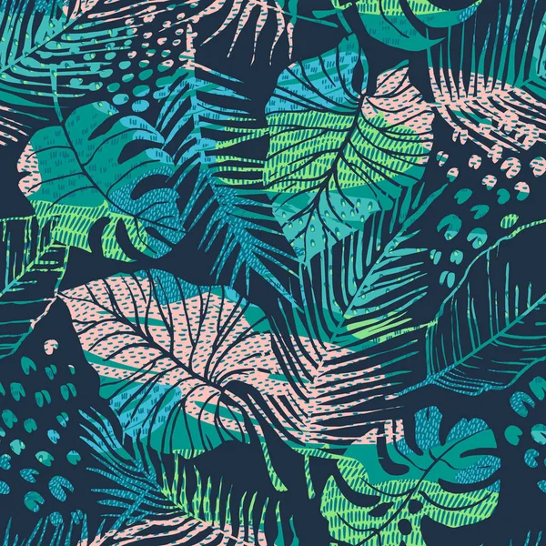 Abstract creative seamless pattern with tropical plants and artistic background.