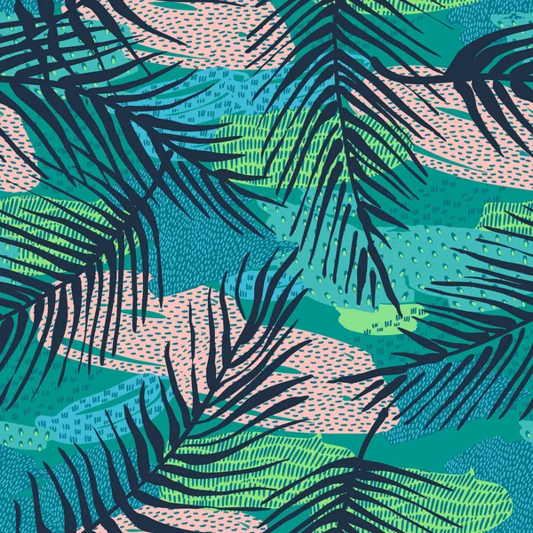 Abstract creatief naadloos patroon met tropische planten en artistieke achtergrond. — Stockvector