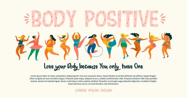 Cuerpo positivo. Feliz más el tamaño de las niñas y estilo de vida saludable activa . — Archivo Imágenes Vectoriales