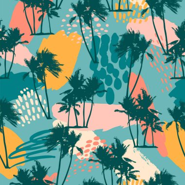 Tropikal avuç içi ve sanatsal arka plan ile soyut yaratıcı dikişsiz desen.