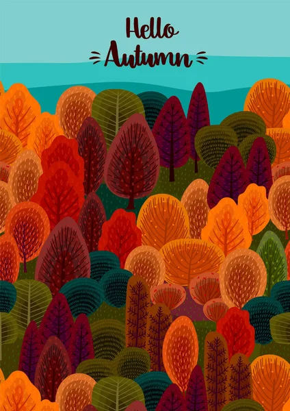Design de outono com floresta de outono. Modelo de vetor para cartão, cartaz, folheto, capa e outro uso —  Vetores de Stock