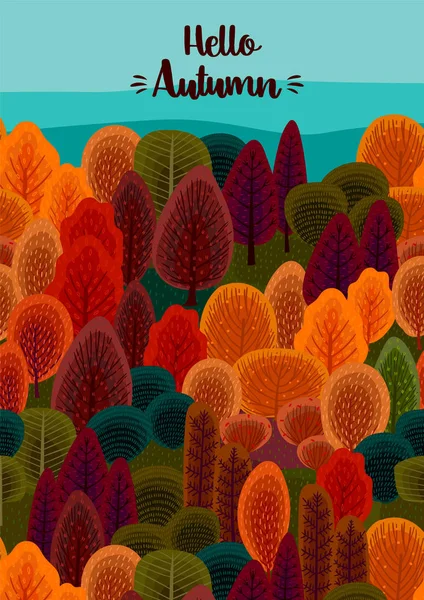 Design autunnale con foresta autunnale. Modello vettoriale per carta, poster, volantino, copertina e altro uso — Vettoriale Stock