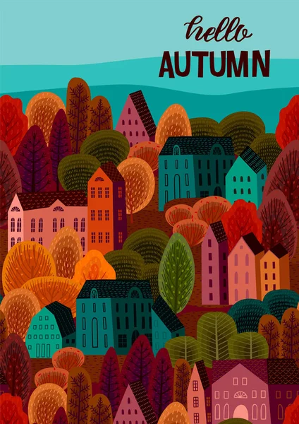 Design d'automne avec ville d'automne. Modèle vectoriel pour carte, affiche, flyer, couverture et autre utilisation . — Image vectorielle