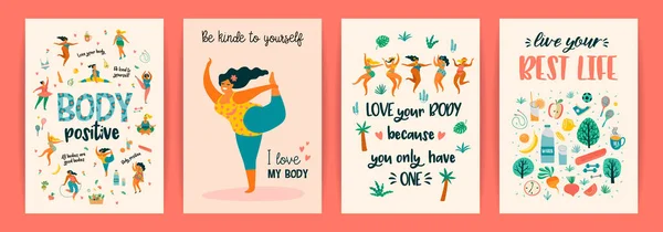 Cuerpo positivo. Plantillas vectoriales. Feliz más el tamaño de las niñas y estilo de vida saludable activa . — Vector de stock