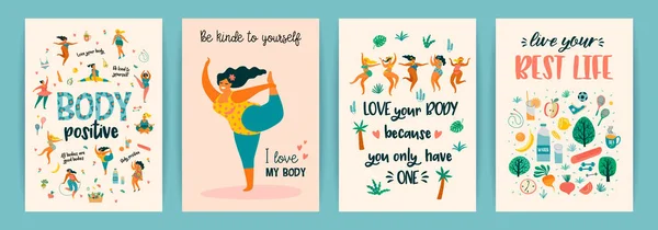 Cuerpo positivo. Plantillas vectoriales. Feliz más el tamaño de las niñas y estilo de vida saludable activa . — Vector de stock