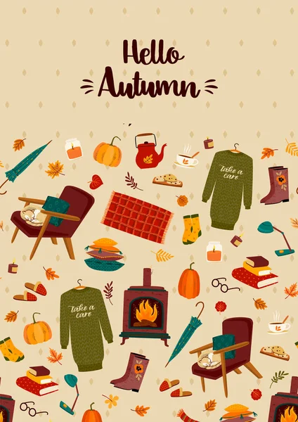 Herbstliche Illustration mit heimeligen niedlichen Dingen. Vektordesign — Stockvektor