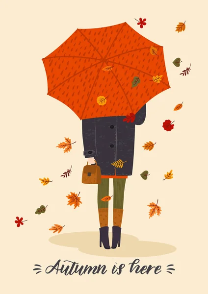 ●傘下の可愛い女性と秋のイラスト。ベクトル設計 — ストックベクタ
