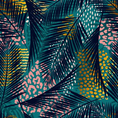 Palm ile moda Dikişsiz egzotik desen, hayvan yazdırır ve çizilmiş dokuları el