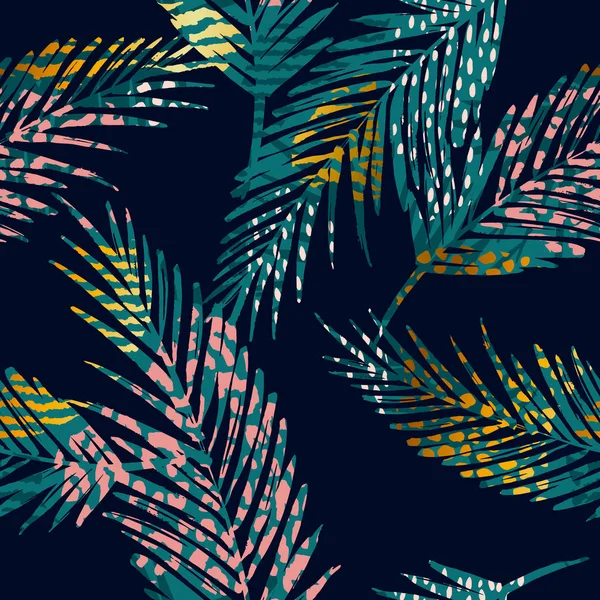 Motif exotique sans couture tendance avec palme, imprimés animaux et textures dessinées à la main — Image vectorielle