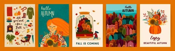 Set of cute autumn illustrations. Vector templates for card, poster, flyer, cover and other use. — Stock Vector