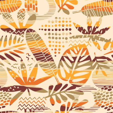 Tropikal yaprakları ile soyut seamless modeli. El çizmek doku.