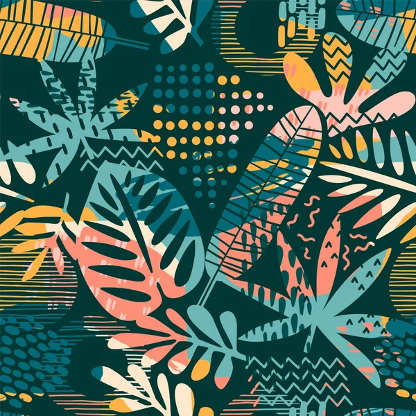 Absztrakt varrat nélküli mintát trópusi levelekkel. Kézi felhívni a textúra. — Stock Vector