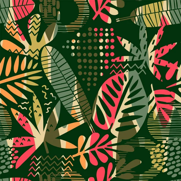 熱帯の葉で抽象的なシームレス パターン。手描きのテクスチャ. — ストックベクタ