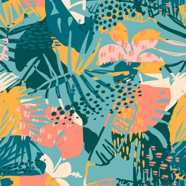 Tropikal bitkiler ve sanatsal arkaplan ile soyut, kusursuz desen