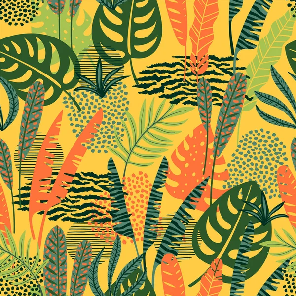 Modèle abstrait sans couture avec des feuilles tropicales. Texture dessin à la main — Image vectorielle