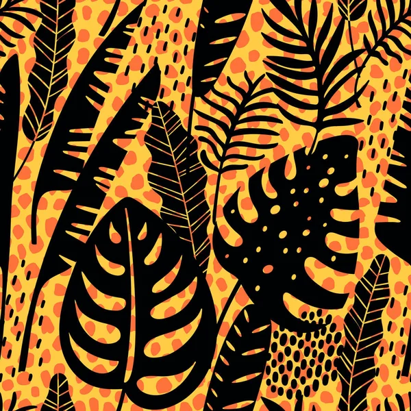 Modèle abstrait sans couture avec des feuilles tropicales. Texture dessin à la main — Image vectorielle