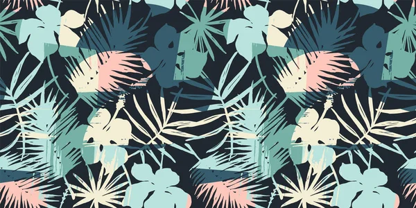 Безшовний екзотичний візерунок з тропічними рослинами та художнім фоном . — стоковий вектор