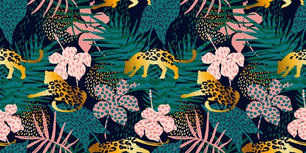 Patrón exótico sin costuras de moda con palma y leopardos . — Vector de stock