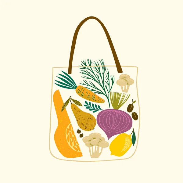 Illustration vectorielle de fruits et légumes dans un sac. Aliments sains . — Image vectorielle