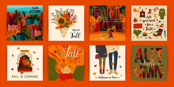 Set of cute autumn illustrations. Vector templates — Stock Vector