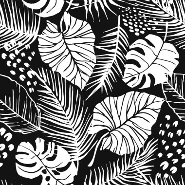 Tropikal bitkiler ve sanatsal arkaplan ile soyut, kusursuz desen.