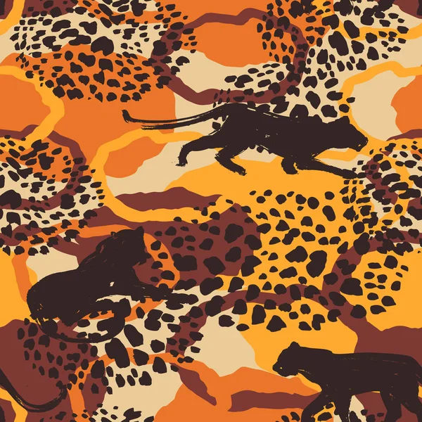 Naadloos exotisch patroon met abstracte silhouetten van wilde katten. — Stockvector