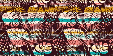 Tropikal yaprakları ile soyut seamless modeli. El çizmek doku.