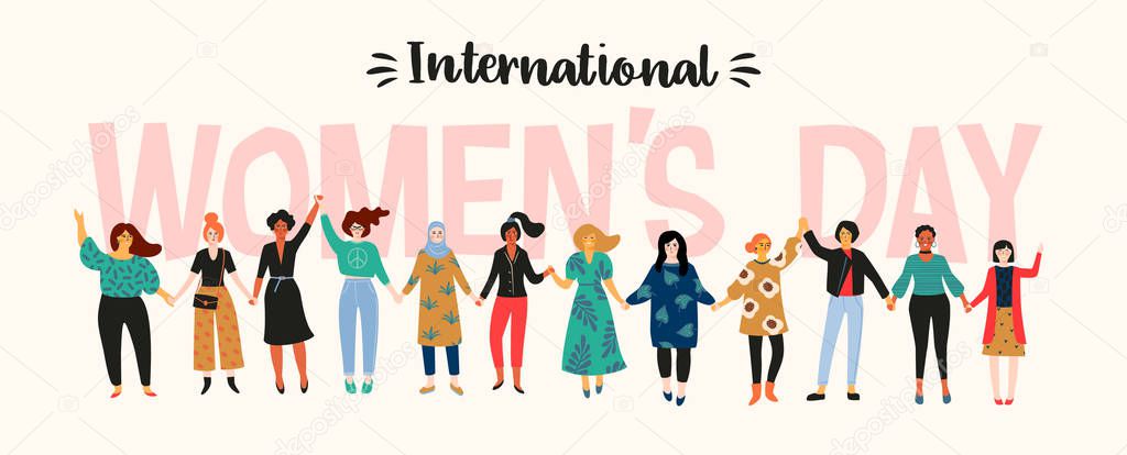 International Womens Day. Vector illustration with women different nationalities and cultures.