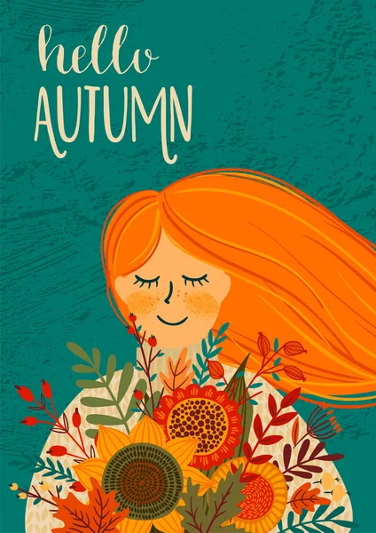 Herbst Illustration mit niedlichen Frau. Vektordesign — Stockvektor