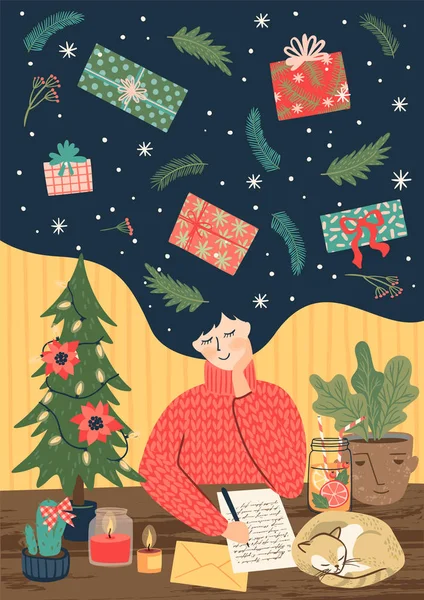 Boże Narodzenie i Szczęśliwego Nowego Roku Ilustracja z cute kobieta. — Wektor stockowy