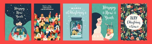 Uppsättning av jul och Gott Nytt År illustrationer. Mallar för vektorutformning. — Stock vektor