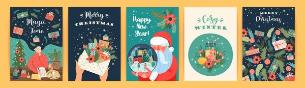 Conjunto de ilustraciones de Navidad y Feliz Año Nuevo. Plantillas de diseño vectorial. — Vector de stock